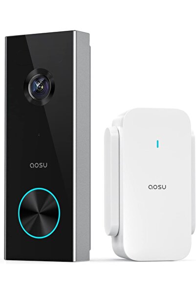 AOSU كاميرا جرس باب لاسلكي، جرس باب فيديو يعمل بالبطارية، 2K (أسود-أ)