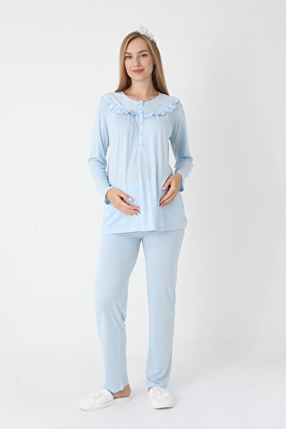 BLACKMORE Women's Blue Special Lace Design Cotton Dressing Gown 3-Piece Pajama Set