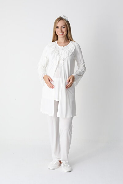 BLACKMORE Women's Ecru Special Lace Design Cotton Dressing Gown 3-Piece Pajama Set