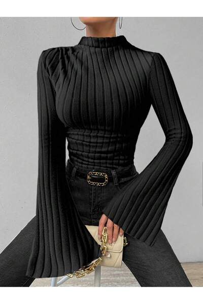 poswicon Μαύρη μπλούζα με γιακά HUNİ f κοτλέ με πλαϊνό κορδόνι που συσφίγγει το ισπανικό μπλουζάκι με μανίκια