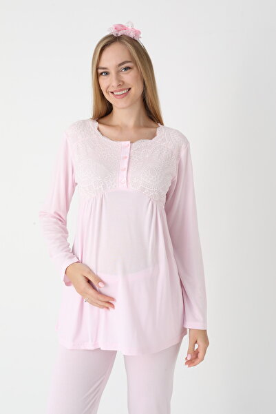 BLACKMORE Women's Pink Special Lace Design Cotton Winter Maternity Dressing Gown 3-Piece Set