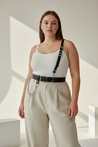 Angels Passion Curea neagră pentru femei de mărime mare, cu un singur umăr, cu lanț, stil body harness, accesoriu reglabil