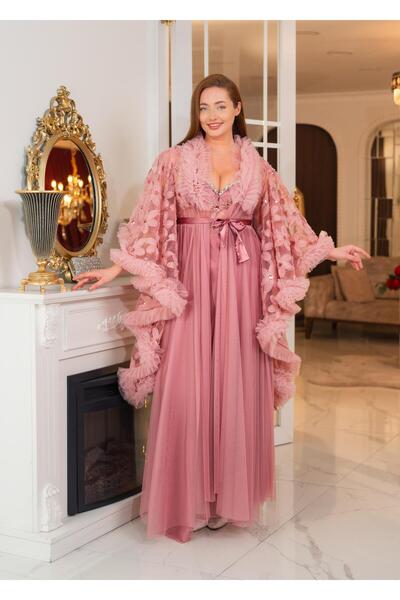 Limas lingerie Special Design Lightweight Feather, Lace Detail 2-Piece Long Dressing Gown