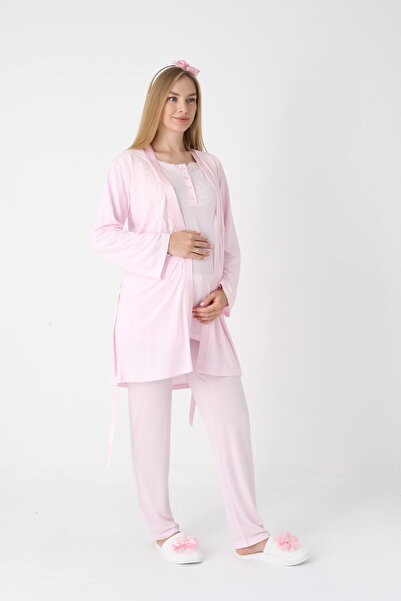 BLACKMORE Women's Pink Special Lace Design Cotton Winter Maternity Dressing Gown 3-Piece Set