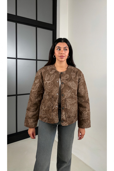 Mazelf Baby&Kids Wear Women's Brown Ethnic Patterned Quilted Coat Jacket