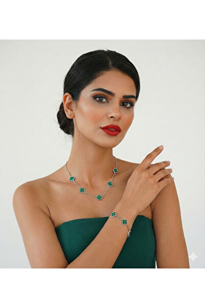 RGELEGANCE Premium Accessories 25 Ayar Gümüş Yonca Kolye Bileklik Seti | Kadı...