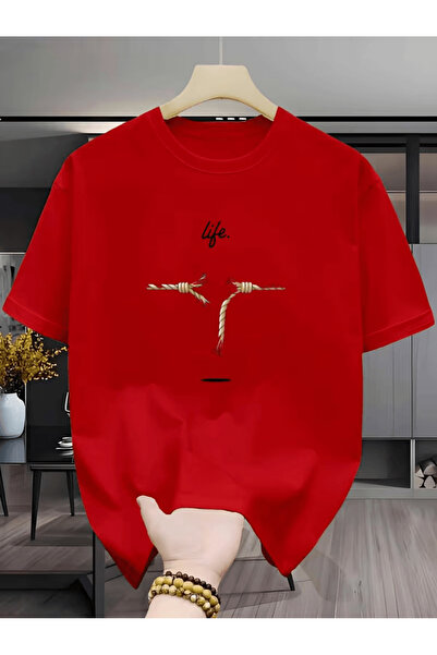 ALEYZA MODA تي شيرت O قصة فضفاضة بتصميم خيط مكسور وكتابة 'الحياة'