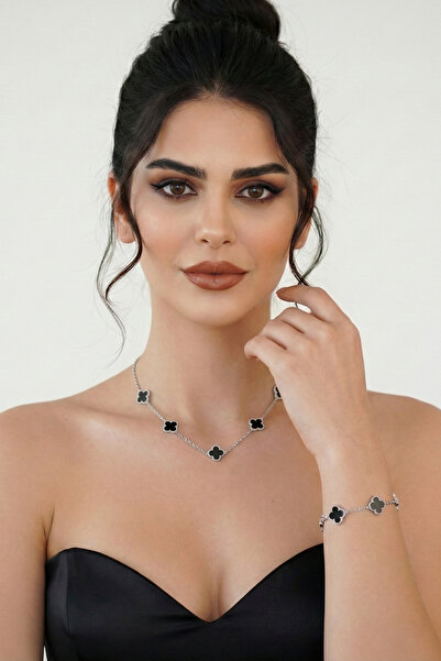 RGELEGANCE Premium Accessories 25 Ayar Gümüş Yonca Kolye Bileklik Seti | Kadı...