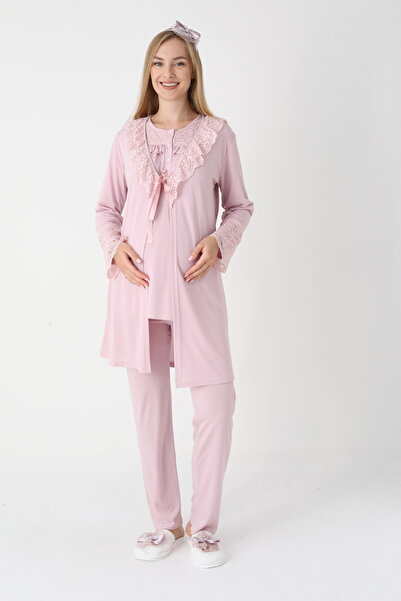 BLACKMORE Women's Powder Special Lace Design Cotton Dressing Gown 3-Piece Pajama Set