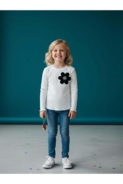 Zekids Μπλούζα για κορίτσια με βαμβακερή κεντημένη λουλουδάτη μακρυμάνικη μπλούζα K πλέξη ριμπ