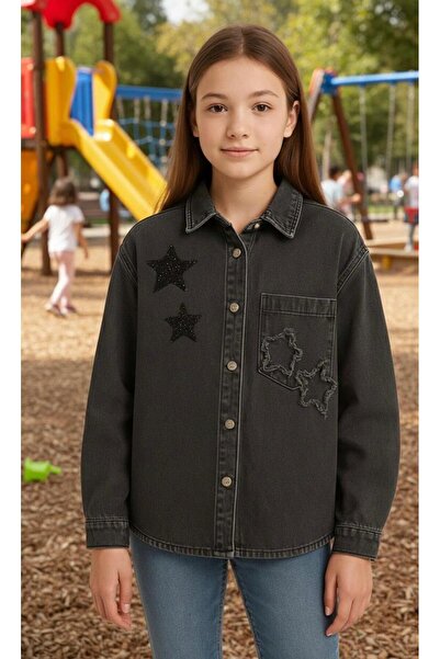 mayakids Star Stone Embossed Girl's Gray Denim Shirt