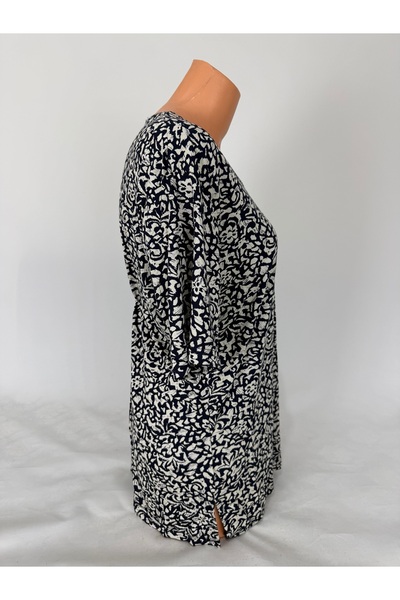 YAŞAR TRİKO Women's Black Gray U Neck Short Sleeve Patterned Slit Woven Viscose Mother Combed Cotton T-Shirt