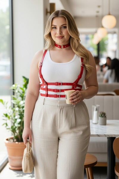 Angels Passion Set de choker cu cataramă multiplă, cu centură roșie pentru femei, mărime mare