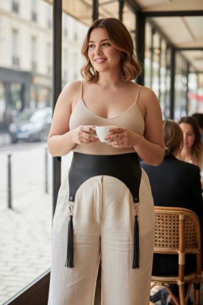 Angels Passion Curea neagră pentru femei de mărime mare, cu detaliu cu franju...