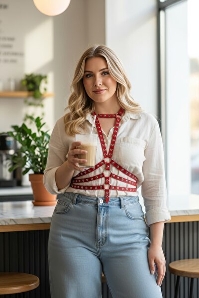 Angels Passion Червоний жіночий ремінь з заклепками, з детальним багатошарови...