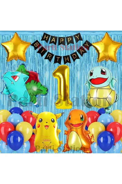 Parti Station مجموعة بالونات عيد الميلاد بعمر سنة واحدة بتصميم بوكيمون، بوكيمون بيكاتشو، بولباسور، تشارماندر، سكويرتل
