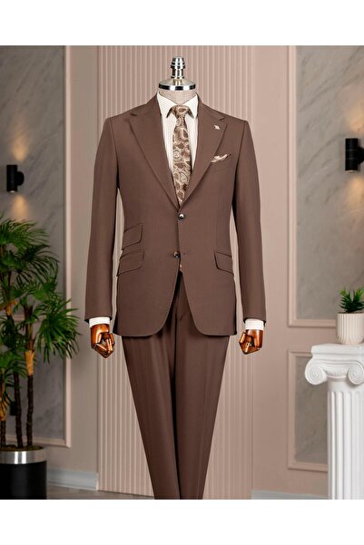 TerziAdemAltun Italian Style S Slim Fit Mono Collar Jacket Pants Suit Brown T...