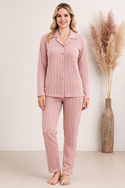Pemilo Women's 0271 Buttoned Front Long Sleeve Pajama Set Pudra