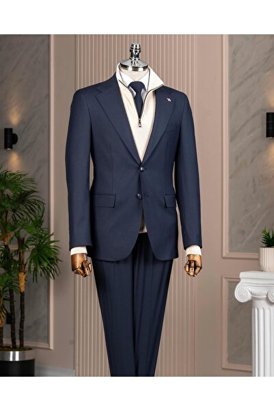 TerziAdemAltun Italian Style S Slim Fit Mono Collar Jacket Pants Suit Navy Bl...