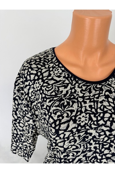 YAŞAR TRİKO Women's Black Gray U Neck Short Sleeve Patterned Slit Woven Viscose Mother Combed Cotton T-Shirt