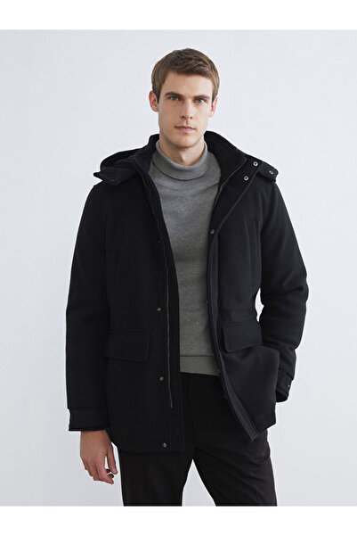 LC Waikiki Southblue Black Standard Fit Hooded Men's Cashmere Coat