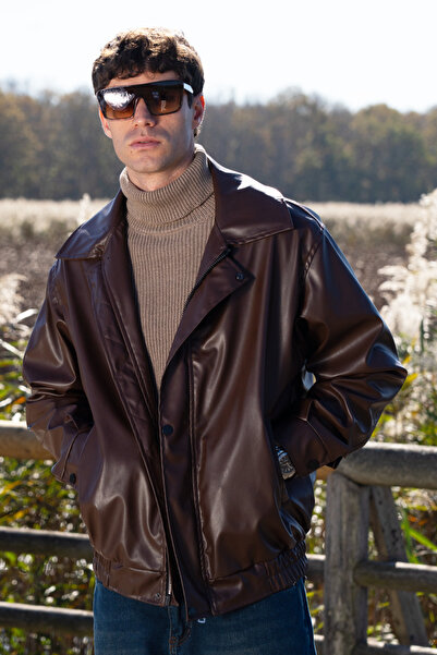 BARRELS AND OIL Men's biker leather jacket - brown