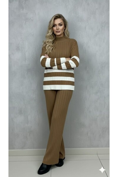 GİYSİ DÜNYASI 57 Knitted Fabric Thick Striped Detail Sweater Pants 2-Piece Set