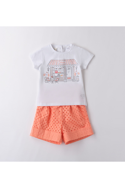 Sarabanda - 2-piece cotton blend T-shirt and shorts set, White/Coral, Size 116 cm