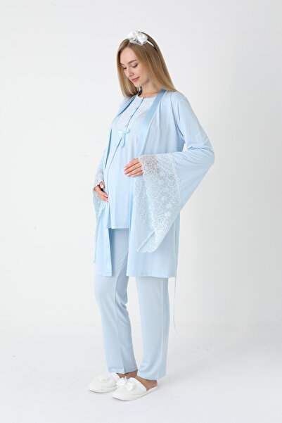 BLACKMORE Women's Blue Fly Sleeve Lace Special Design Cotton Dressing Gown 3-Piece Pajama Set