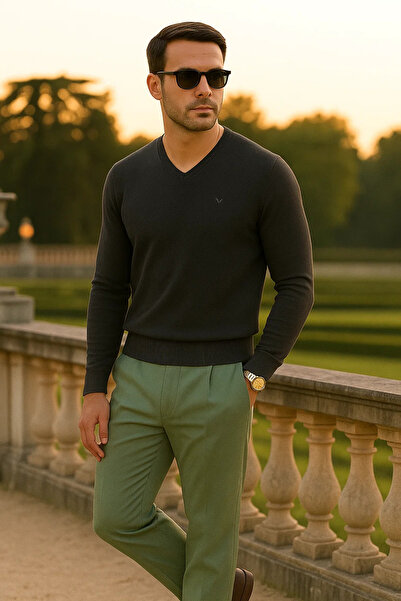 Maccali Men's Trend Casual Long V-Neck Smoked Sweater