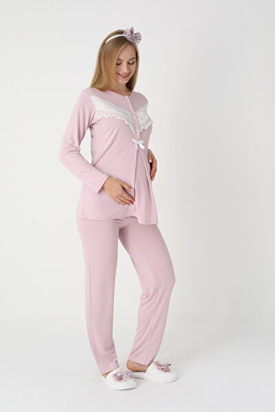 BLACKMORE Women's Powder Long Sleeve Special Lace Design Ornate Cotton Dressing Gown 3-Piece Pajama Set