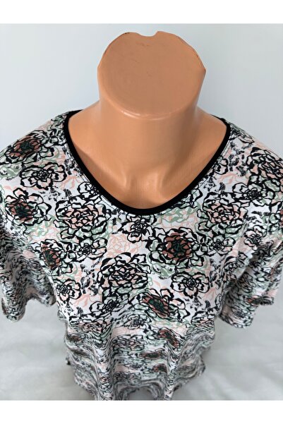 YAŞAR TRİKO Women's White U-Neck Short Sleeve Green Pink Floral Pattern Slit Woven Viscose Mother Combed Cotton T-Shirt