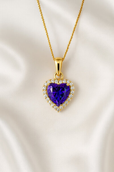 A-STİL TAKI Women's Gift Box Amethyst Stone Heart Steel Necklace