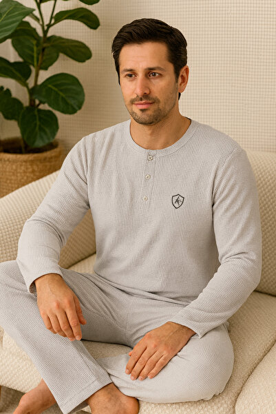 Arc طقم بيجامة رجالي رمادي بنقشة الوافل