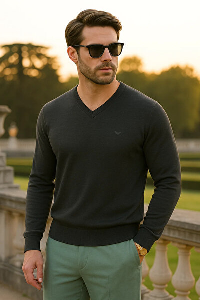 Maccali Men's Trend Casual Long V-Neck Smoked Sweater