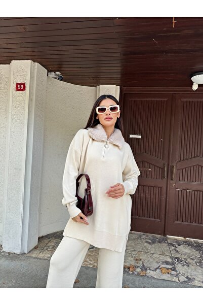 Esma moda tasarım Kürk Yakalı Triko Takım