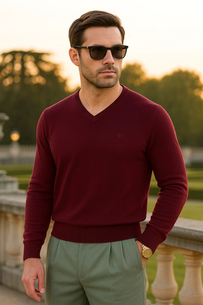 Maccali Men's Trend Casual Long V-Neck Burgundy Sweater