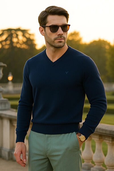 Maccali Men's Trend Casual Long V-Neck Navy Blue Sweater