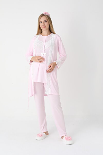 BLACKMORE Women's Pink Long Sleeve Special Lace Design Ornate Cotton Dressing Gown 3-Piece Pajama Set