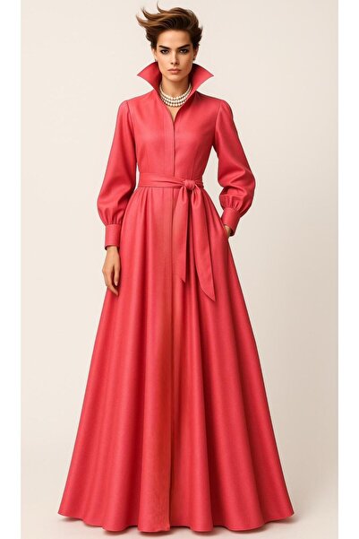 ALYEL NAKER فستان ماكسي من التفتا بأكمام بالون وحزام، بلون وردي فاتح وحمراء ع...