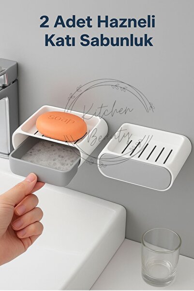 Kitchen Beauty 2 Adet Su Hazneli Katı Sabunluk Seti – Yapışanlı, Çekmeceli Dr...