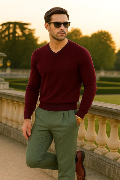 Maccali Men's Trend Casual Long V-Neck Burgundy Sweater