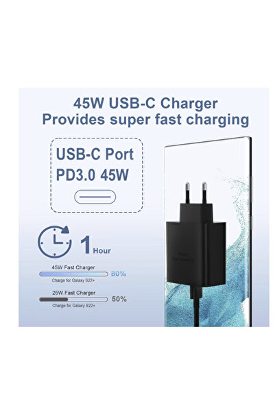 WaltStore Fast Charge 45W PD usb C charger, compatible with Samsung S25, S24, S24 ultra, 1 x 1m USB-C cable