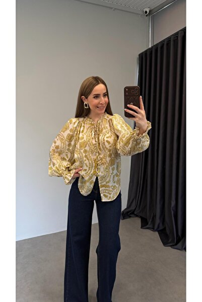 elif teke Desenli Fırfırlı Gömlek Sarı