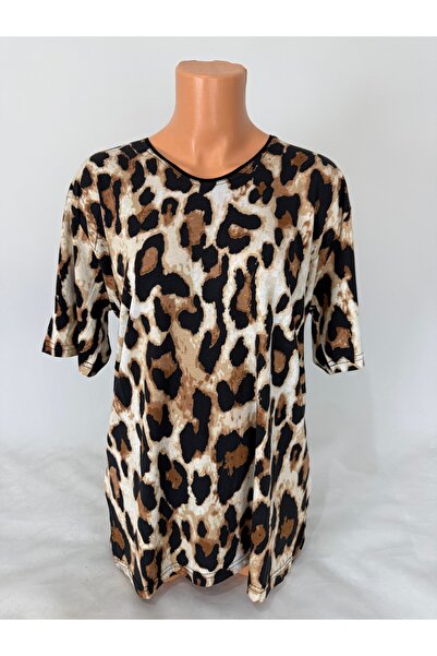 YAŞAR TRİKO Women's White U-Neck Short Sleeve Leopard Pattern Slit Woven Viscose Mother Combed Cotton T-Shirt