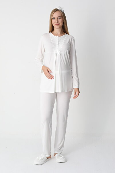 BLACKMORE Women's Ecru Flywheel Sleeve Lace Special Design Cotton Dressing Gown 3-Piece Pajama Set