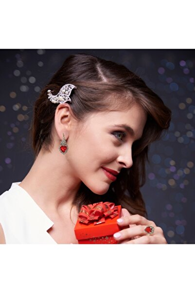 OptimStar Jewelry Set - Necklace, Ring, Earrings with Ruby-Colored Crystals, Gold