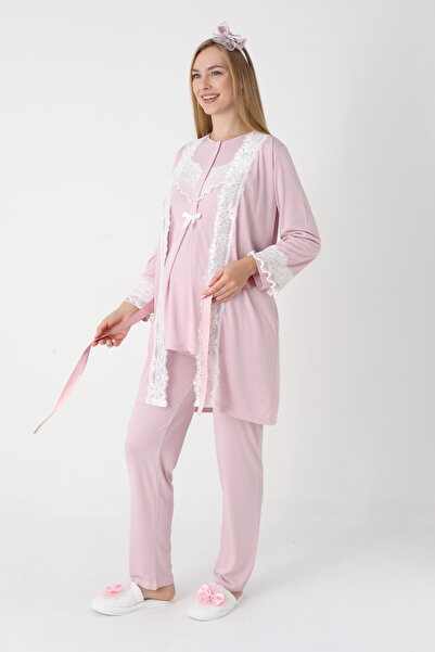 BLACKMORE Women's Powder Long Sleeve Special Lace Design Ornate Cotton Dressing Gown 3-Piece Pajama Set