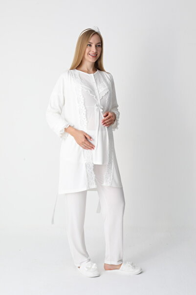 BLACKMORE Women's Ecru Long Sleeve Special Lace Design Ornate Cotton Dressing Gown 3-Piece Pajama Set