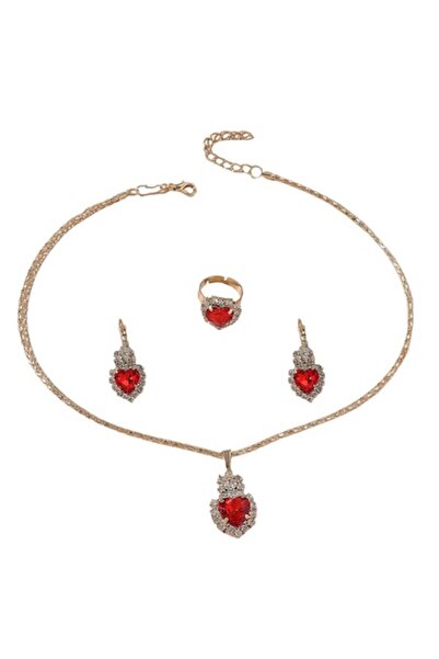 OptimStar Jewelry Set - Necklace, Ring, Earrings with Ruby-Colored Crystals, Gold